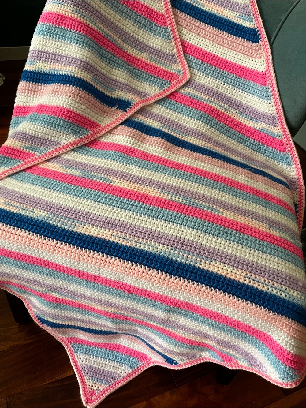 Handmade Striped Crochet Baby Blanket in Pink, Blue, Cream & Purple